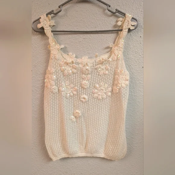 90s Crochet Sequin Cream Floral Top - Picture 1 of 8